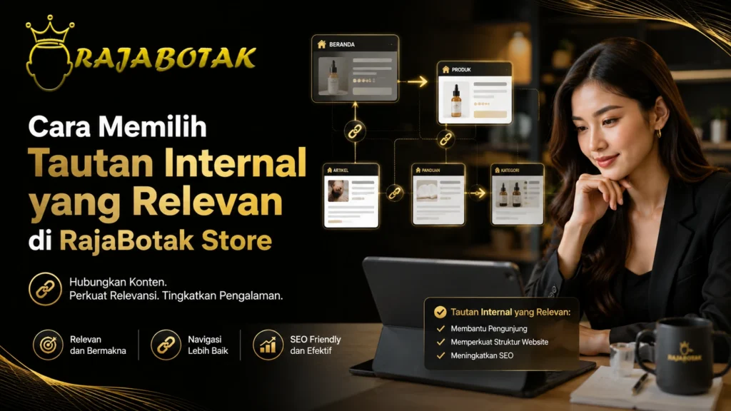 Ilustrasi cara memilih tautan internal RajaBotak Store yang relevan untuk menghubungkan artikel, kategori, panduan, dan produk.