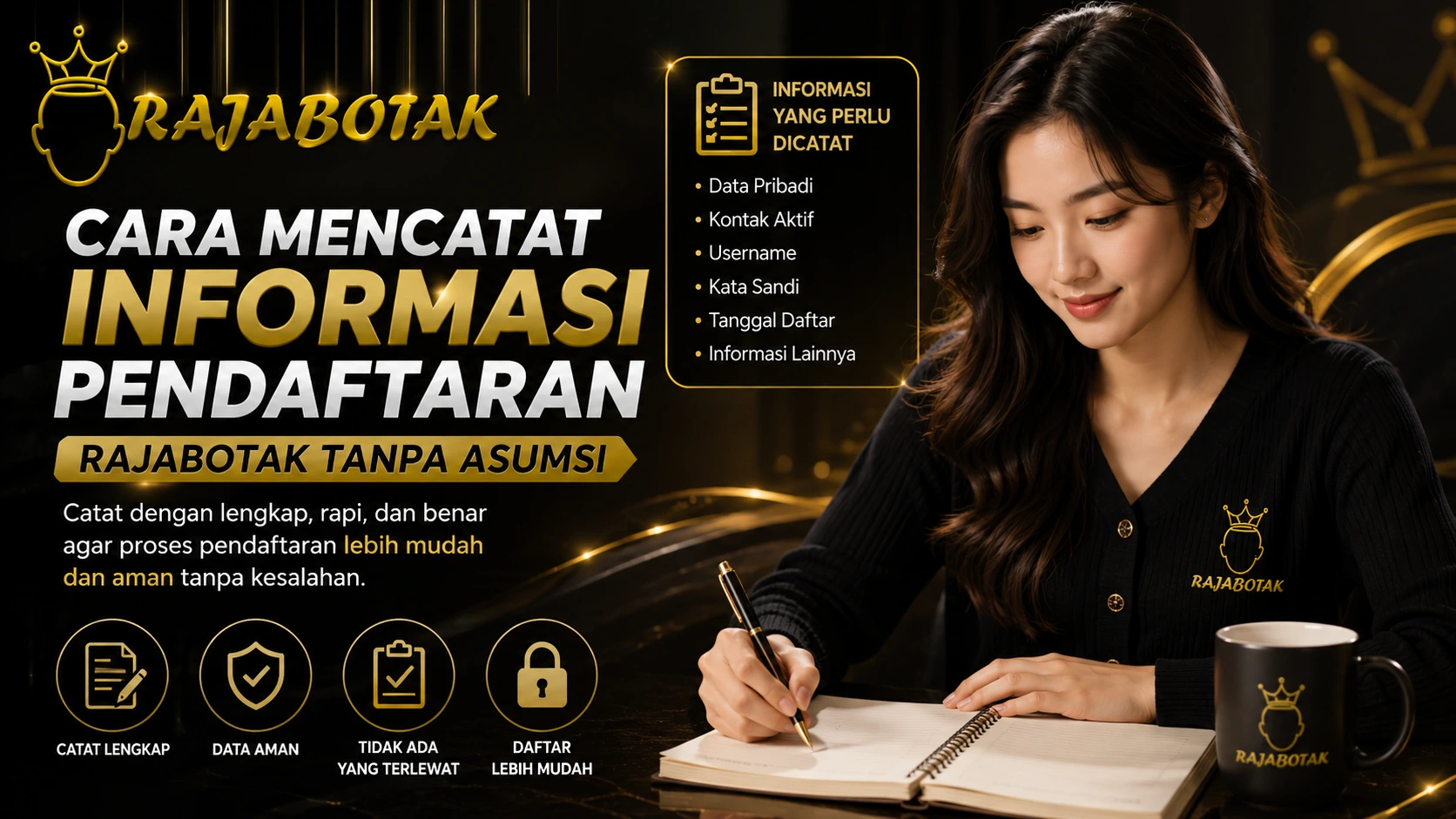 Ilustrasi pencatatan informasi pendaftaran RajaBotak secara rapi dan faktual.