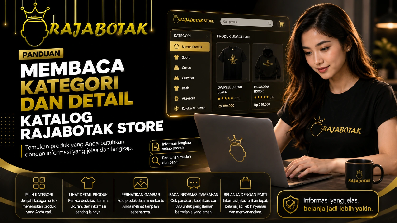 Ilustrasi panduan membaca kategori dan detail katalog RajaBotak Store.