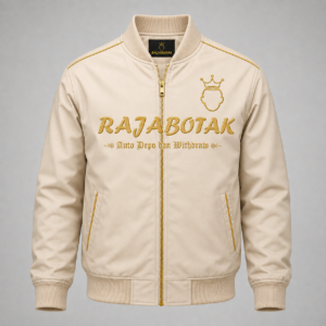 Jaket bomber RajaBotak cream logo emas