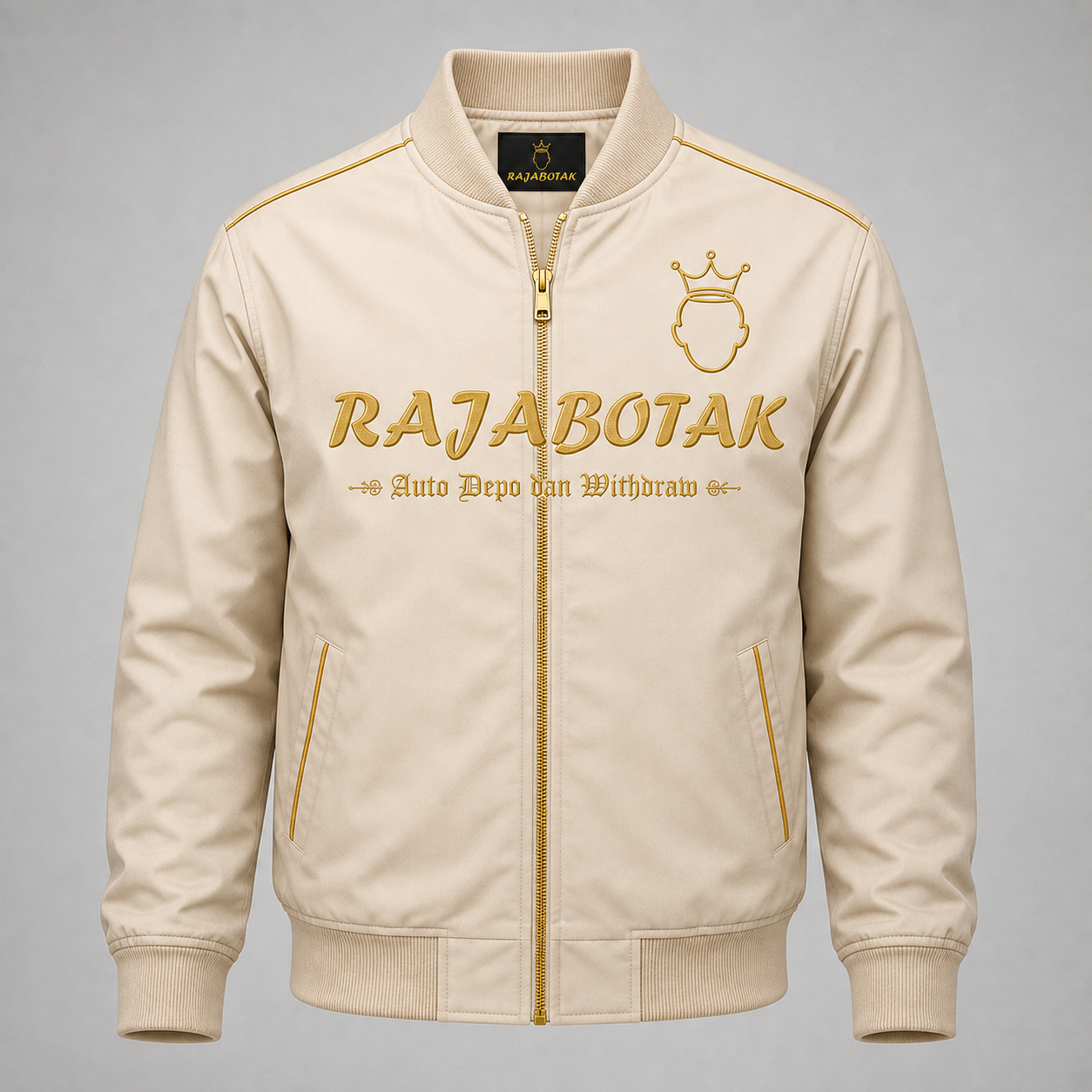 Jaket bomber RajaBotak cream logo emas