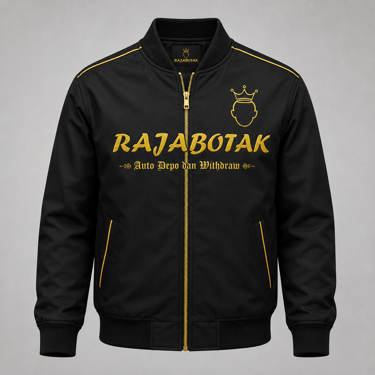 Jaket bomber RajaBotak hitam logo emas