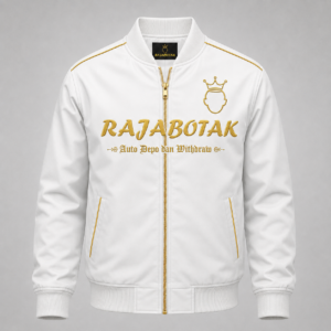 Jaket bomber RajaBotak putih logo emas