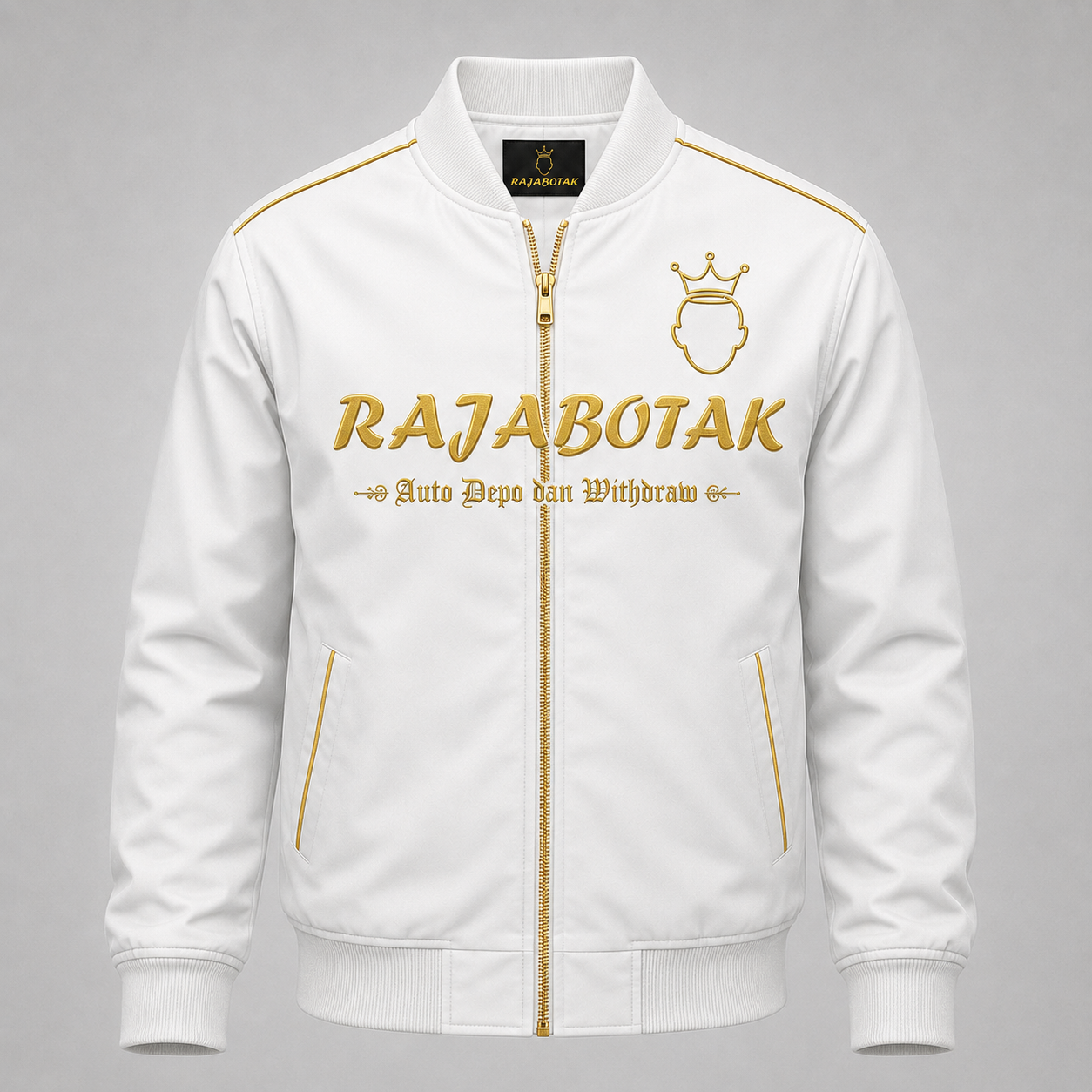 Jaket bomber RajaBotak putih logo emas