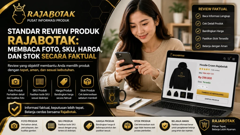Standar review produk RajaBotak berdasarkan foto SKU harga dan stok