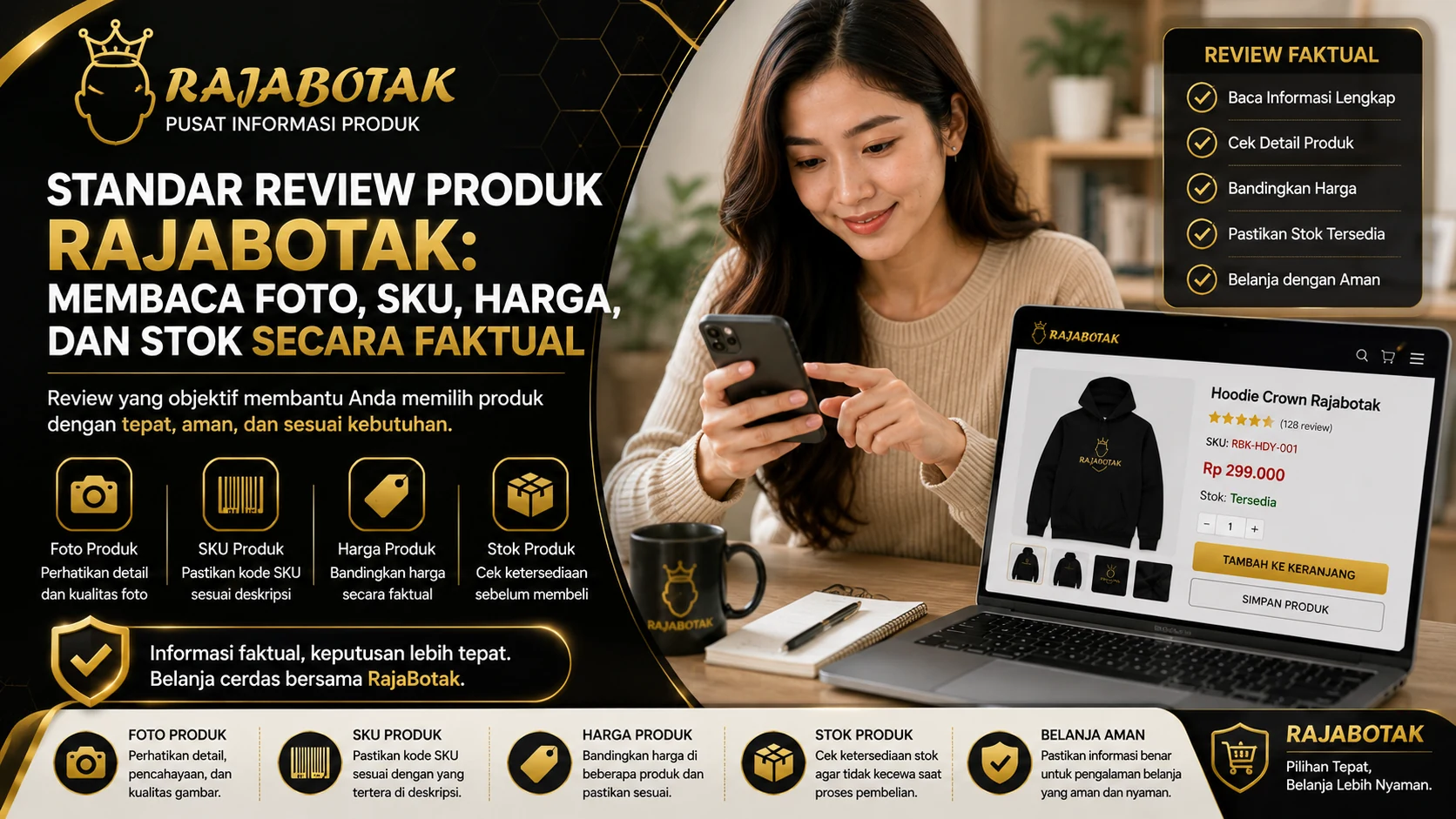 Standar review produk RajaBotak berdasarkan foto SKU harga dan stok