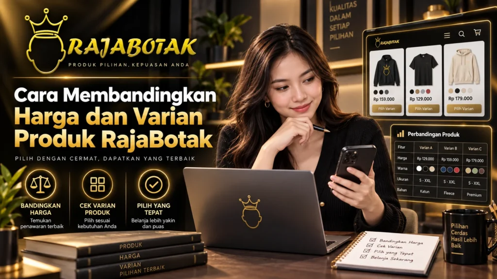 Perempuan membandingkan harga dan varian produk RajaBotak