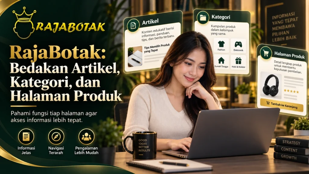 Ilustrasi RajaBotak tentang perbedaan fungsi artikel, kategori, dan halaman produk