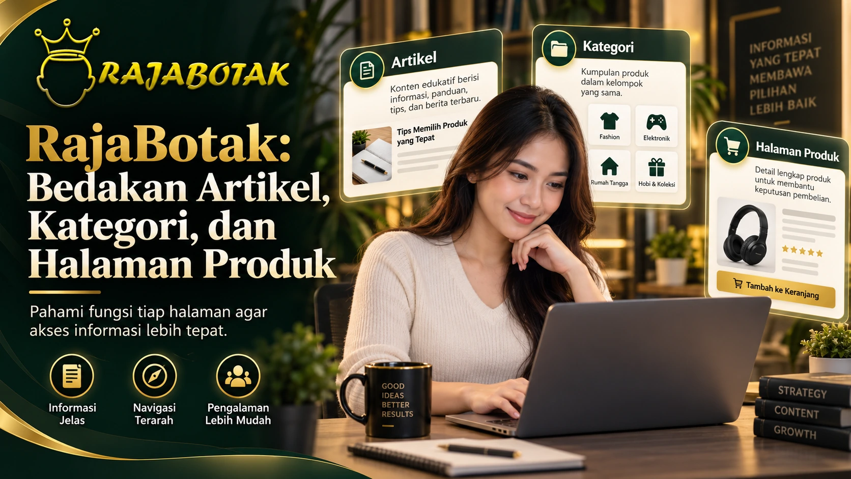 Ilustrasi RajaBotak tentang perbedaan fungsi artikel, kategori, dan halaman produk