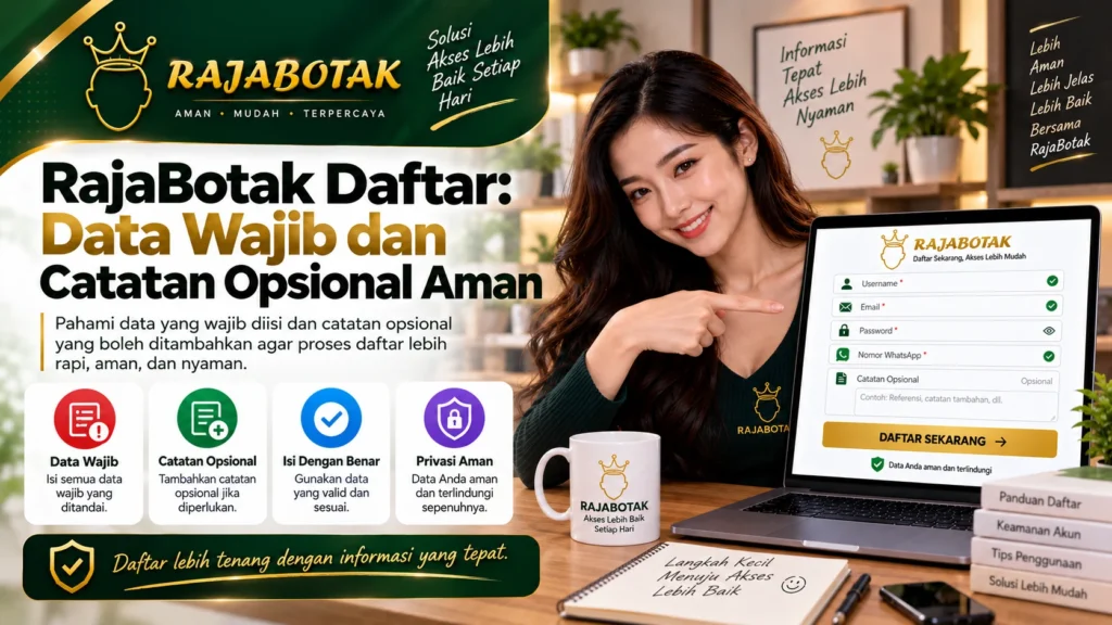RajaBotak Daftar membedakan data wajib dan catatan opsional aman sebelum pendaftaran