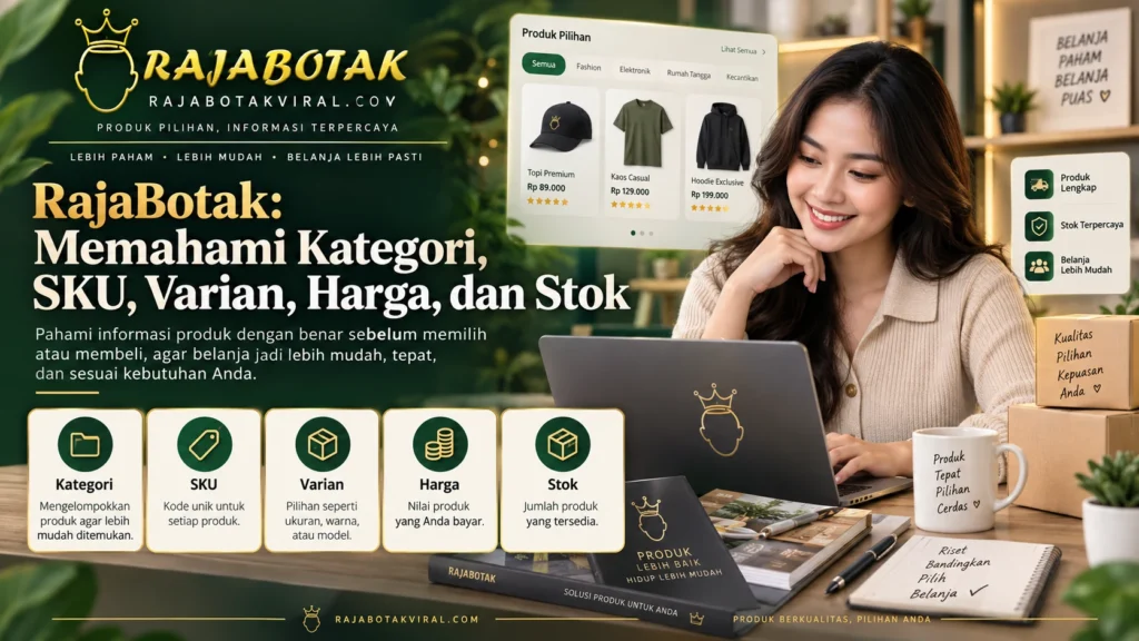RajaBotak menjelaskan kategori, SKU, varian, harga, dan stok pada informasi katalog produk