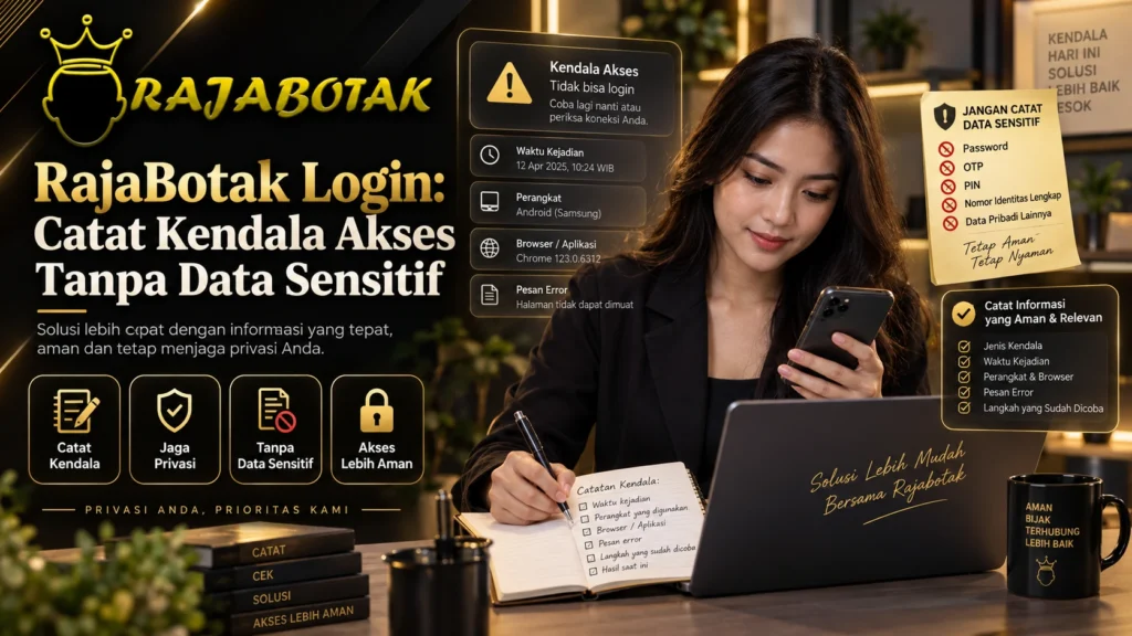 Ilustrasi RajaBotak Login tentang mencatat kendala akses tanpa data sensitif
