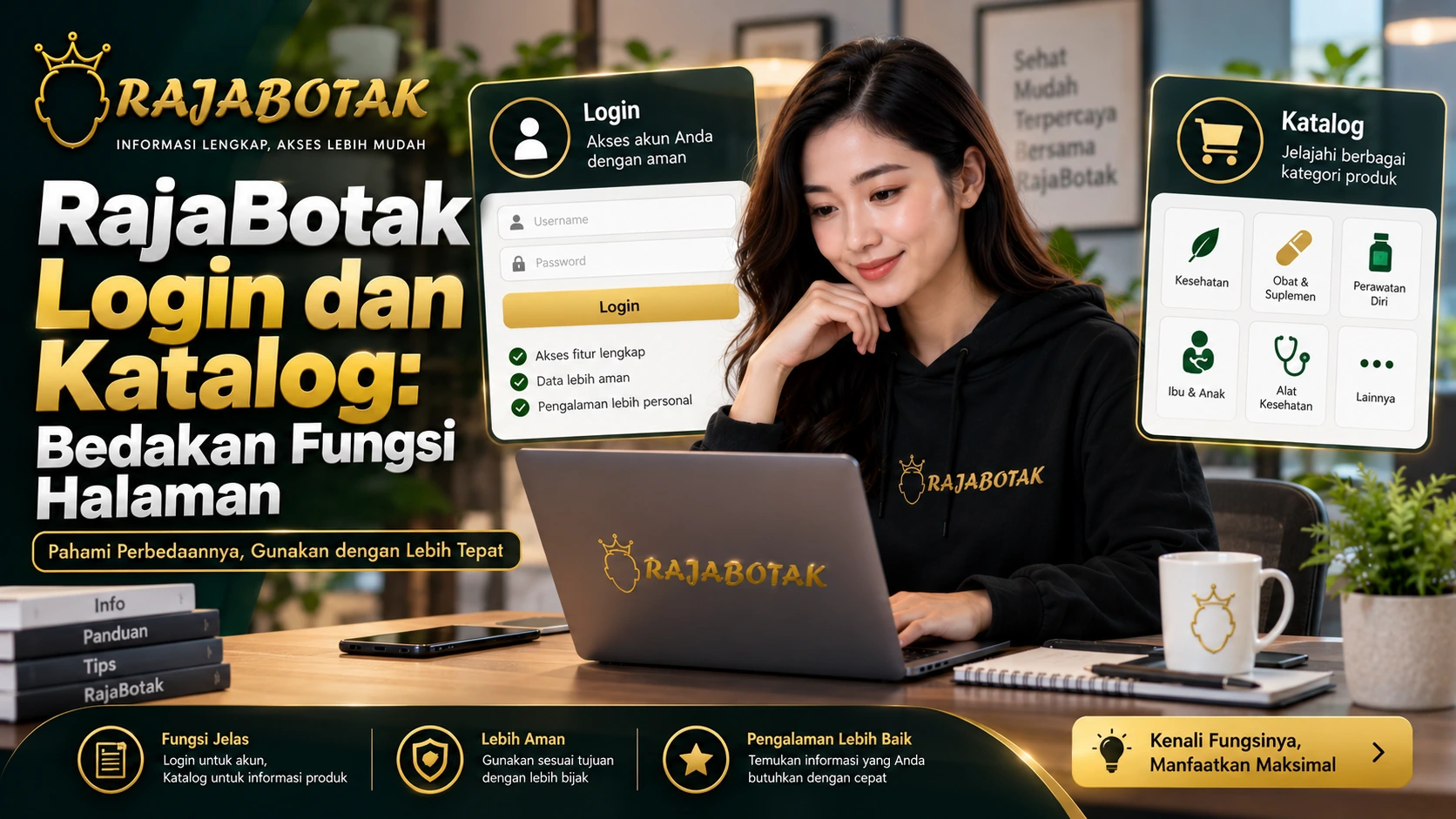 Ilustrasi RajaBotak Login dan katalog untuk membedakan fungsi halaman akses, navigasi, produk, dan kebijakan