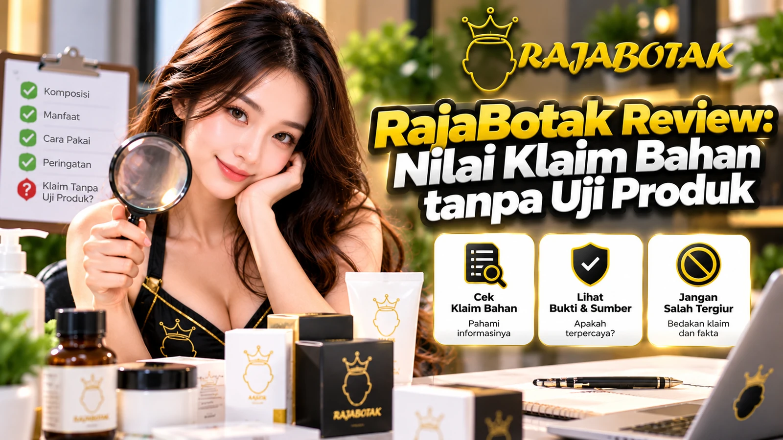 Ilustrasi RajaBotak Review tentang memeriksa klaim bahan produk tanpa pengujian fisik