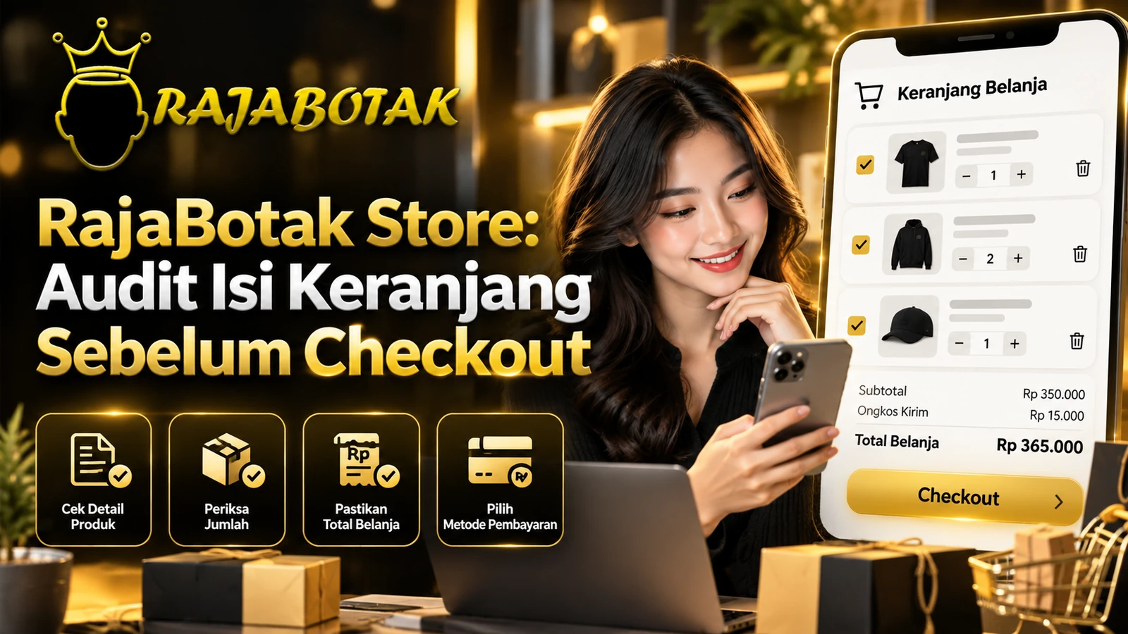 Banner RajaBotak Store tentang memeriksa produk dan jumlah pada keranjang sebelum checkout